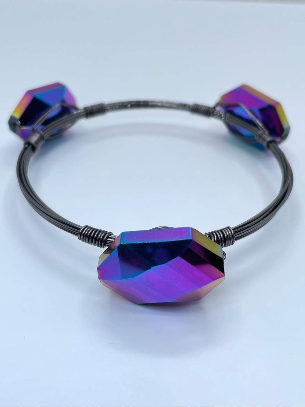 Gunmetal AB Crystal Wire Wrap Bangle Bracelet Iridescent Statement